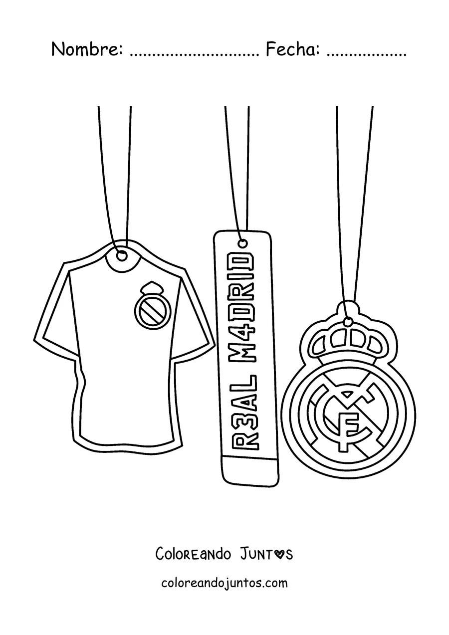 Imagen para colorear de tres colgantes del Real Madrid: una camiseta, un cartel y el escudo