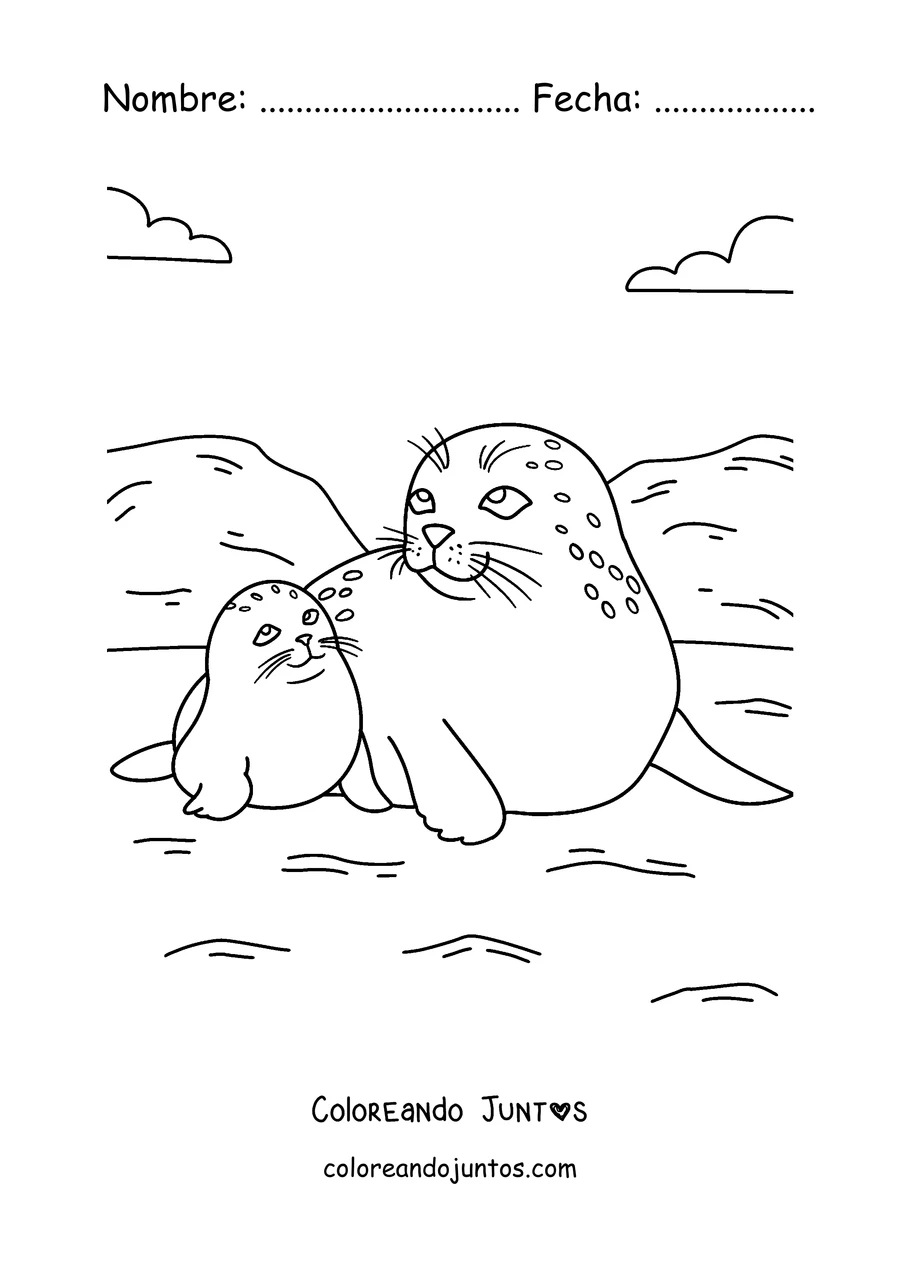 Imagen para colorear de una mamá foca con su cría en la orilla