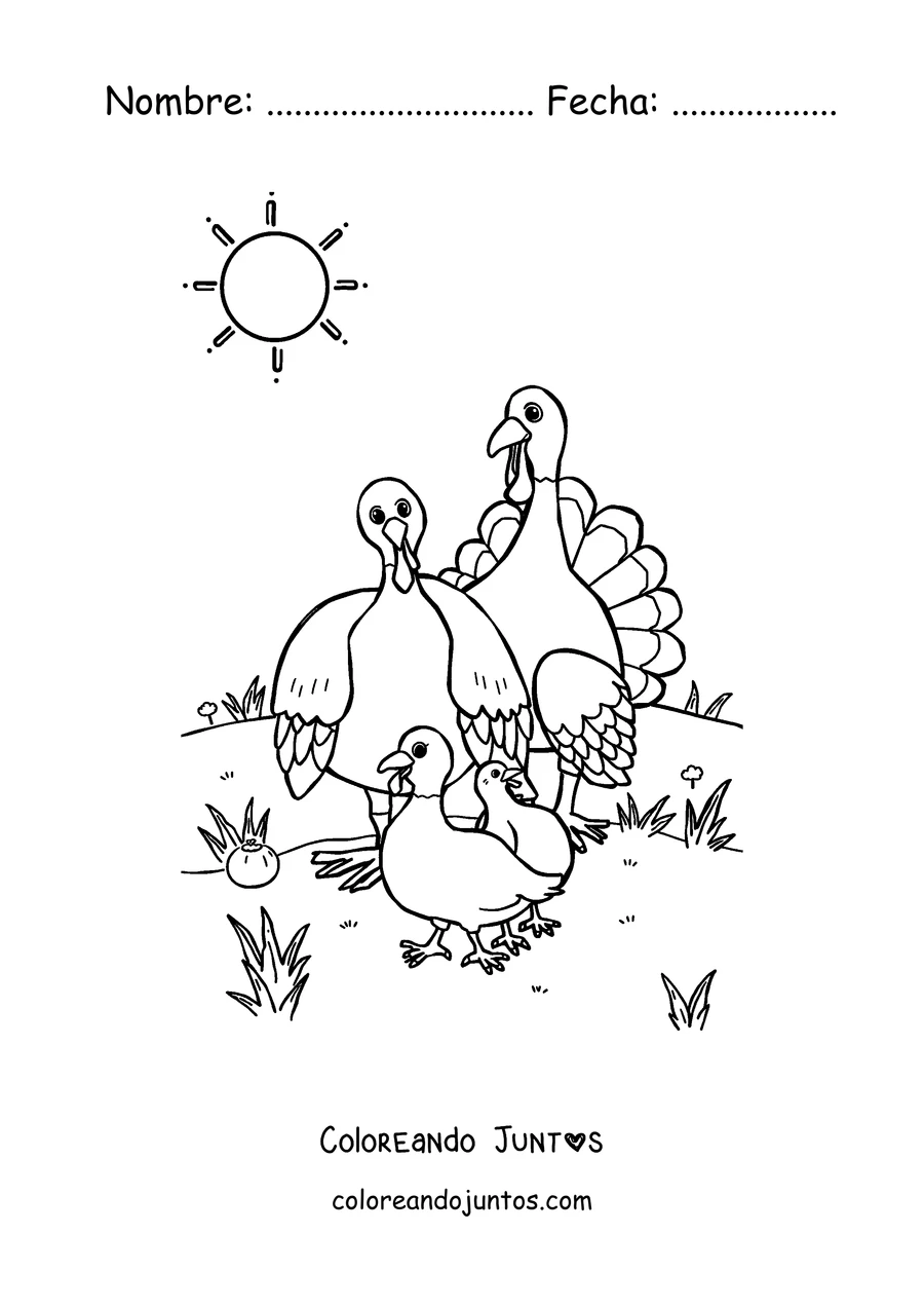 Imagen para colorear de una mamá pava paseando con sus pavitos