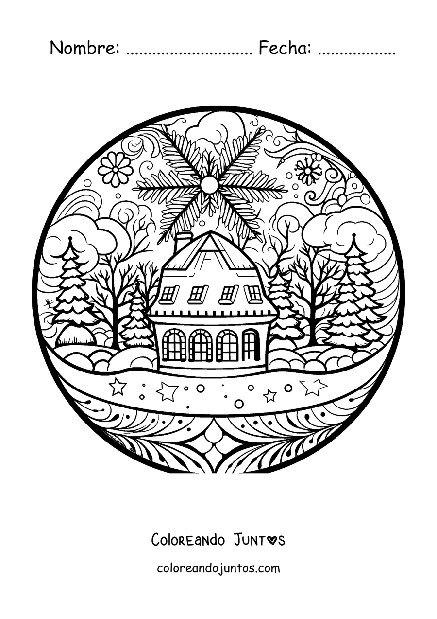 Imagen para colorear de un mandala de invierno con una cabaña nevada y pinos dentro de una bola de nieve