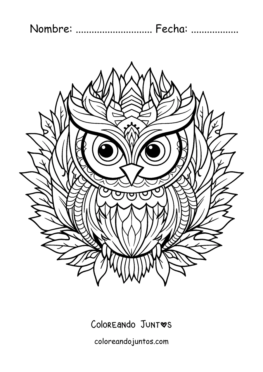 Imagen para colorear de un mandala de invierno con un búho sobre hojas y figuras en forma de copo