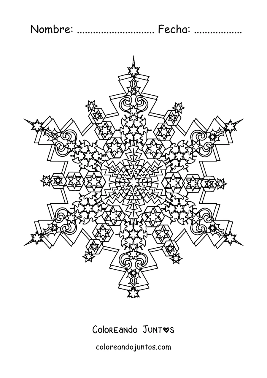 Imagen para colorear de un mandala de invierno con forma de copo de nieve de seis brazos muy detallado