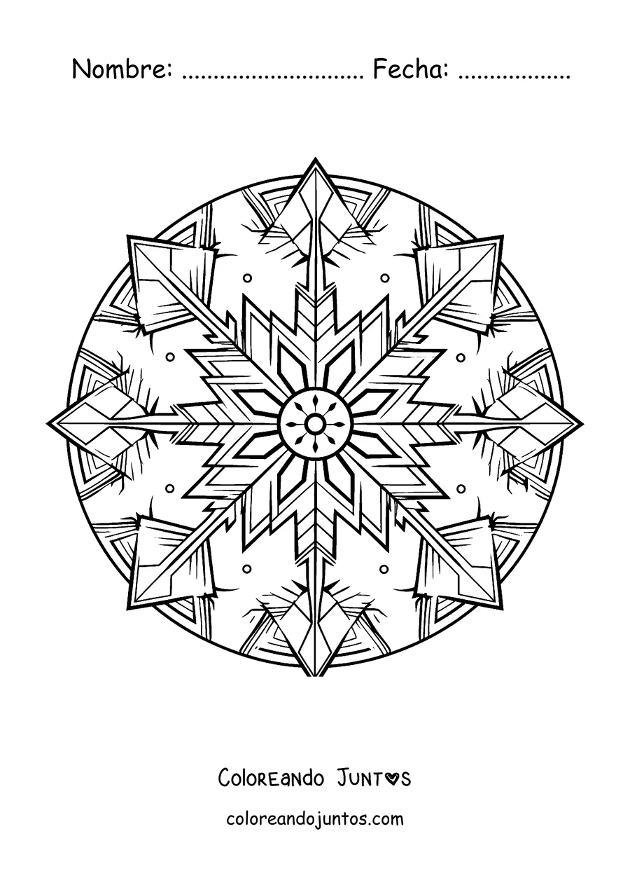 Imagen para colorear de un mandala de invierno con forma de cristal de hielo y estrellas