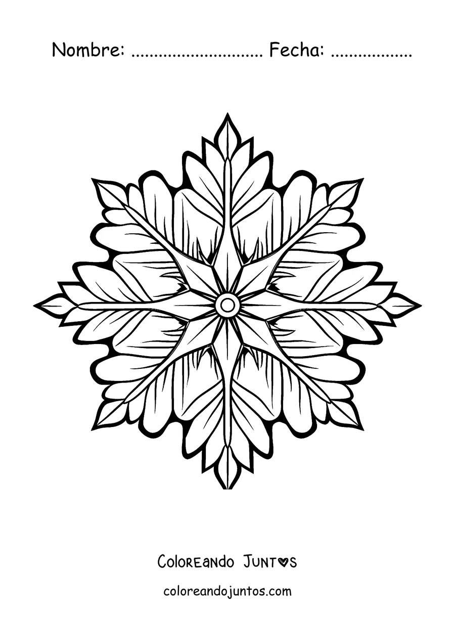 Imagen para colorear de un mandala de invierno con una gran estrella de puntas y hojas