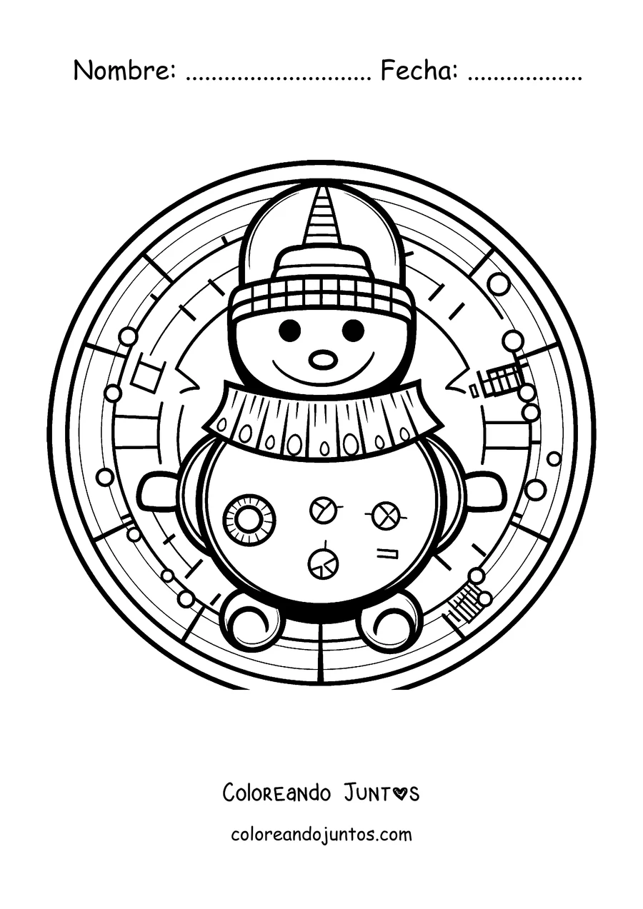 Imagen para colorear de un mandala de invierno con un muñeco de nieve con gorro y bufanda dentro de un círculo