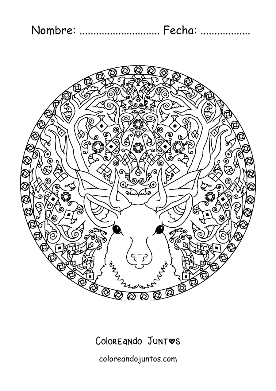 Imagen para colorear de un mandala de invierno con la cabeza de un reno con grandes astas