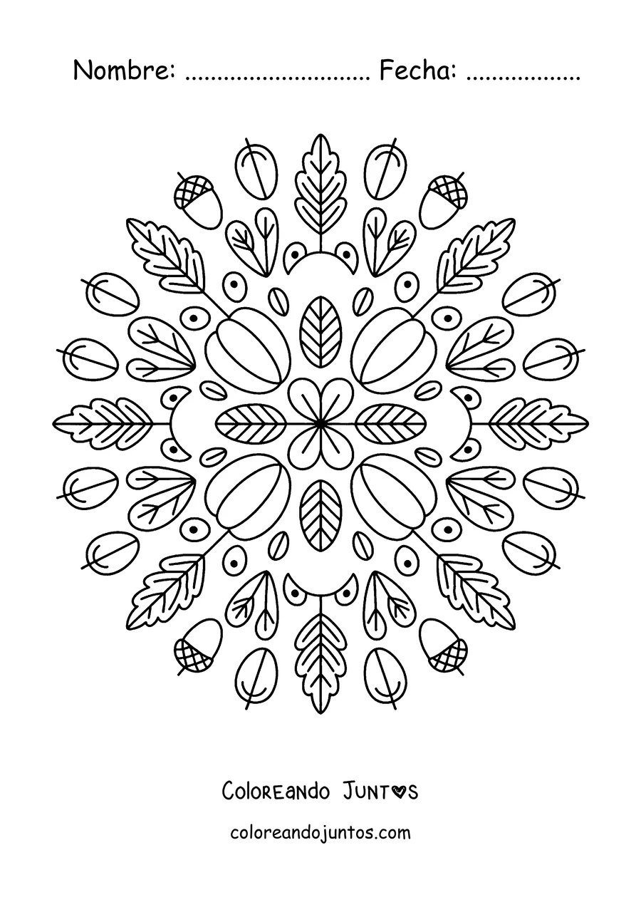 Imagen para colorear de un mandala de otoño con bellotas y hojas de roble