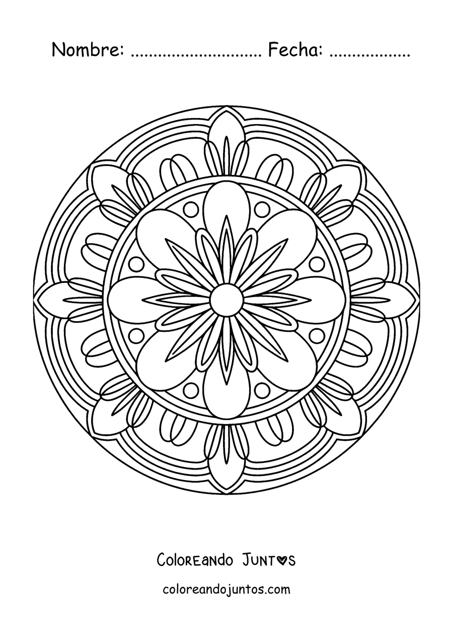 Imagen para colorear de un mandala de otoño con una flor en el centro y un anillo de pétalos