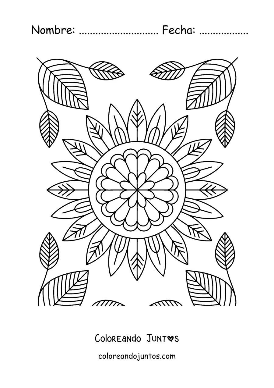Imagen para colorear de un mandala de girasol rodeado de hojas otoñales