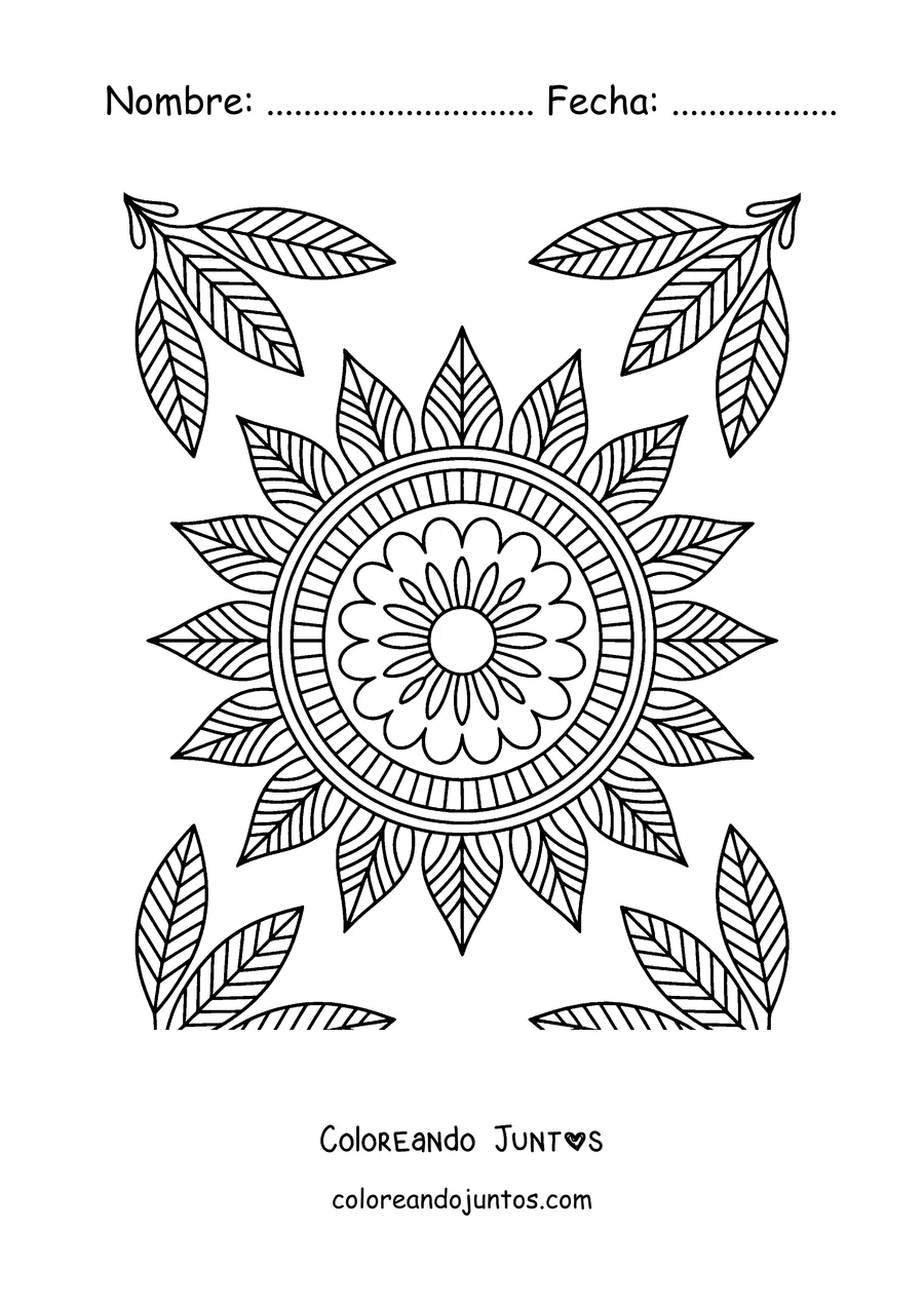 Imagen para colorear de un mandala de girasol con racimos de hojas en las esquinas