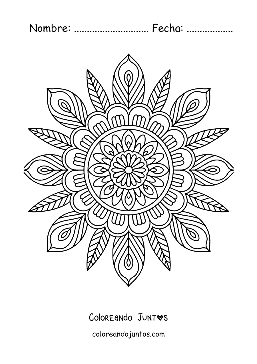 Imagen para colorear de un mandala de otoño con pétalos en forma de hoja alrededor del centro