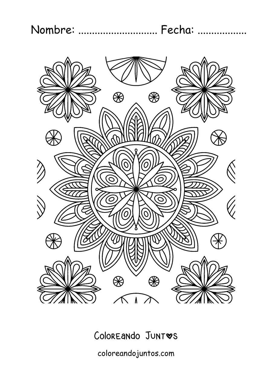 Imagen para colorear de una página con un mandala grande de otoño rodeado de mandalas y flores más pequeños