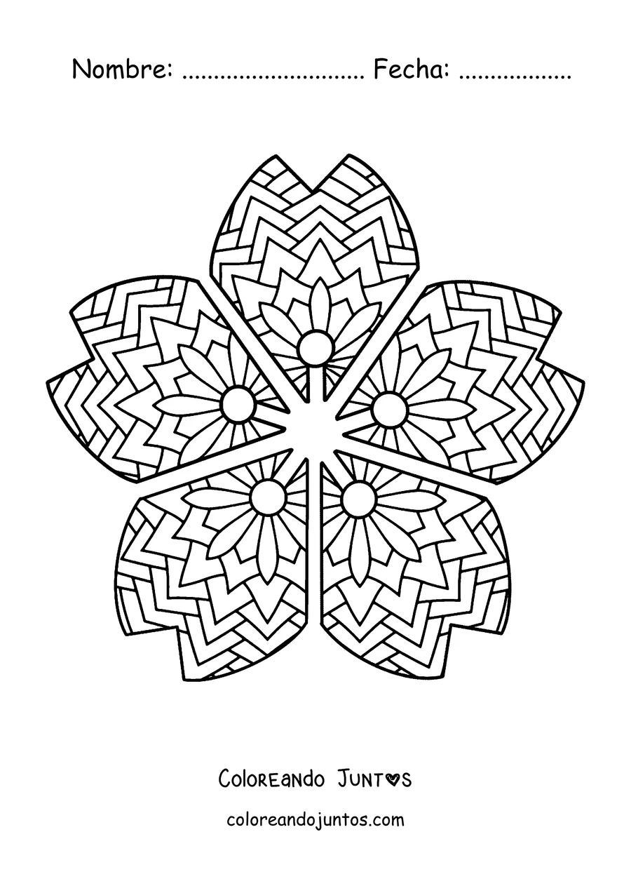 Imagen para colorear de un mandala de primavera con forma de flor de cerezo de cinco pétalos