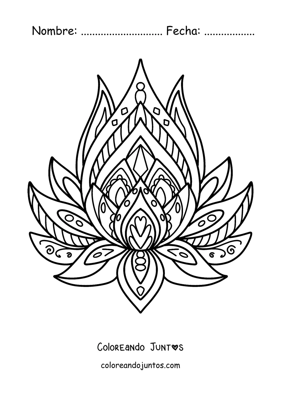 Imagen para colorear de un mandala de primavera con forma de flor de loto con pétalos puntiagudos