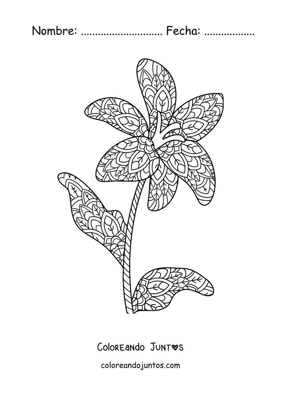 Imagen para colorear de un mandala de primavera con forma de lirio con hojas y patrones