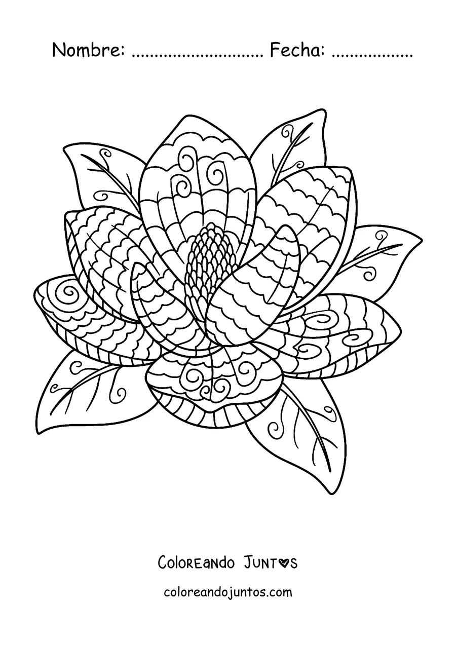 Imagen para colorear de un mandala de primavera con forma de flor de magnolia con hojas