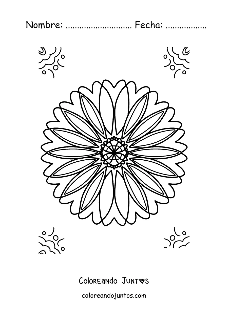 Imagen para colorear de un mandala de primavera con forma de margarita de muchos pétalos