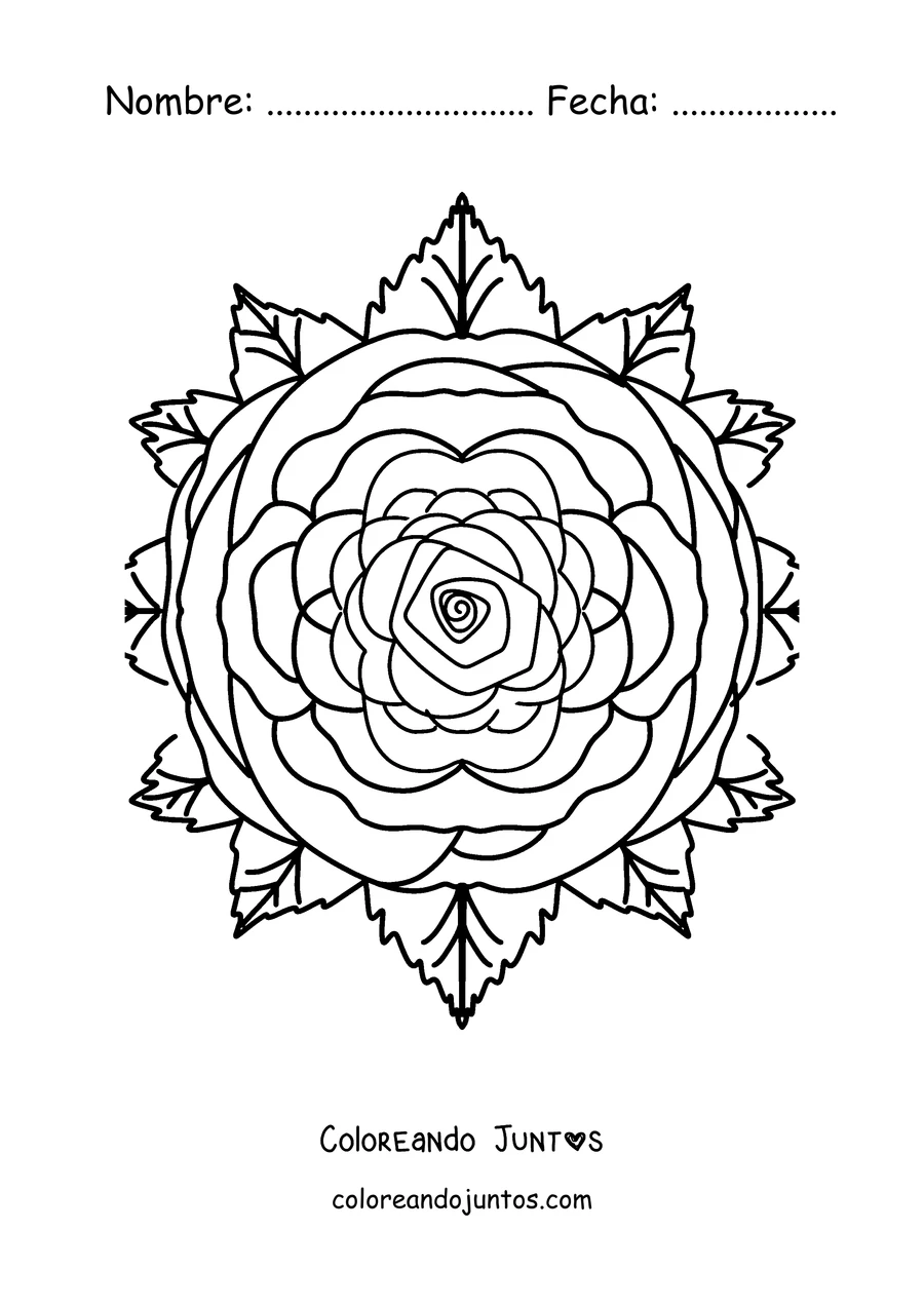 Imagen para colorear de un mandala de primavera con una rosa en el centro y hojas alrededor