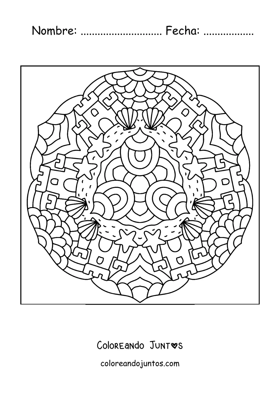 Imagen para colorear de un mandala de verano con castillos de arena, conchas y estrellas de mar