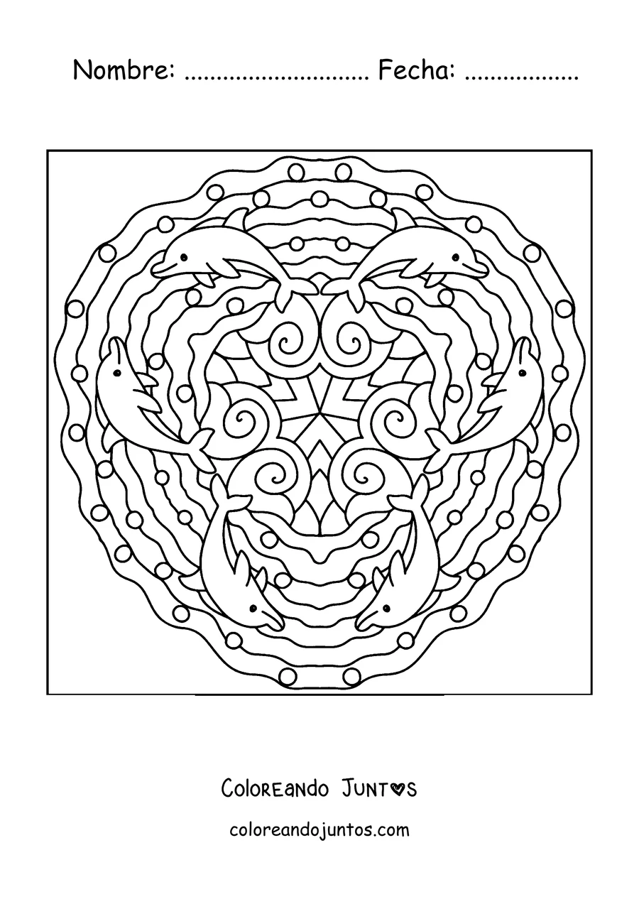 Imagen para colorear de un mandala de verano con delfines saltando en círculo