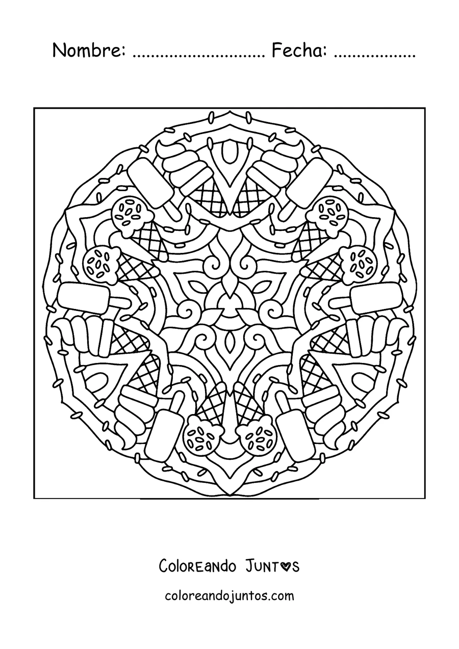 Imagen para colorear de un mandala de verano hecho con conos de helado y paletas
