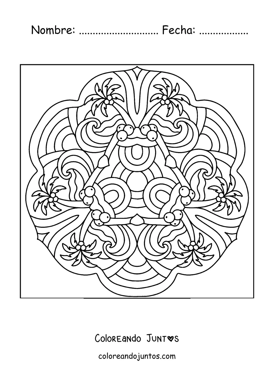 Imagen para colorear de un mandala de verano con palmeras, cocos y olas
