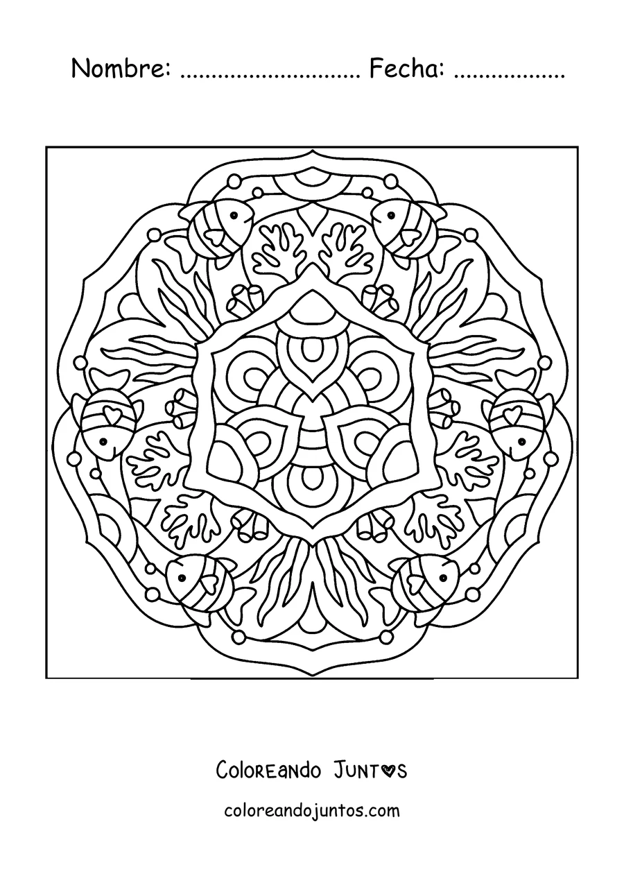 Imagen para colorear de un mandala de verano con peces tropicales y corales