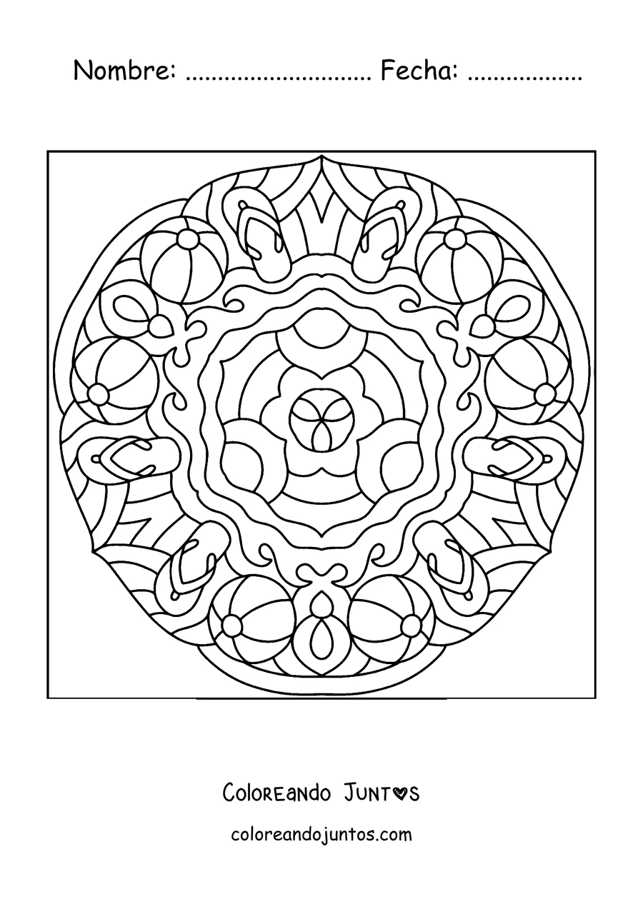 Imagen para colorear de un mandala de verano con pelotas de playa y chancletas