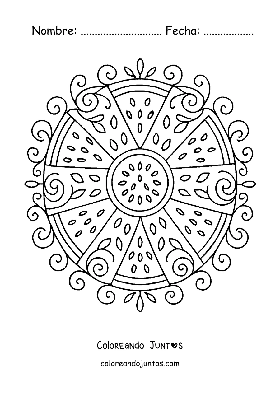 Imagen para colorear de un mandala de verano con rodajas de sandía en círculo