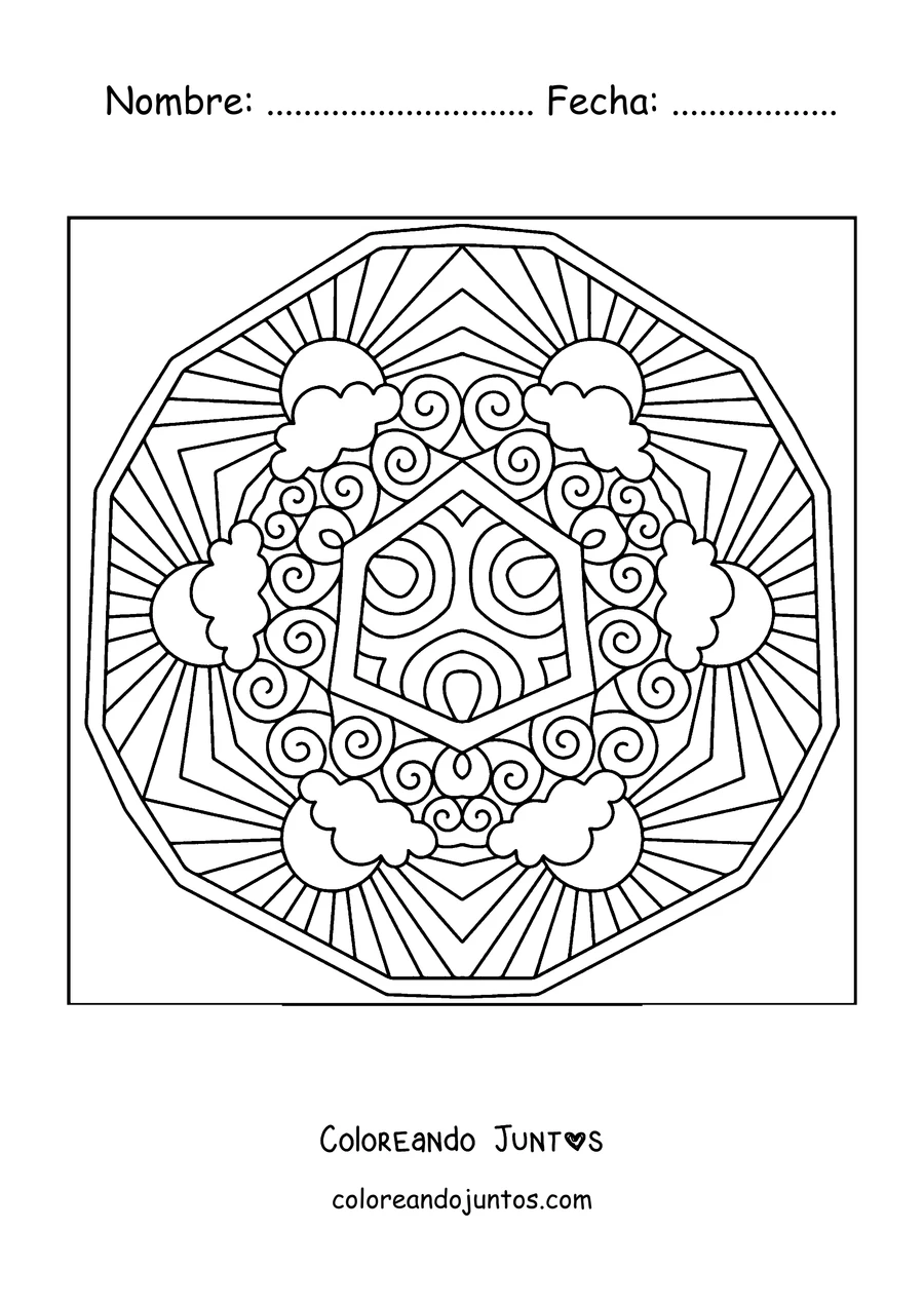 Imagen para colorear de un mandala de verano con un sol de rayos largos y nubes
