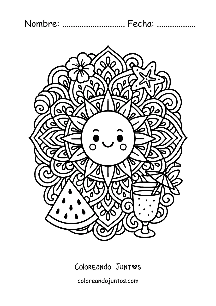 Imagen para colorear de un mandala de verano con un sol sonriente, sandía, flor y estrella de mar