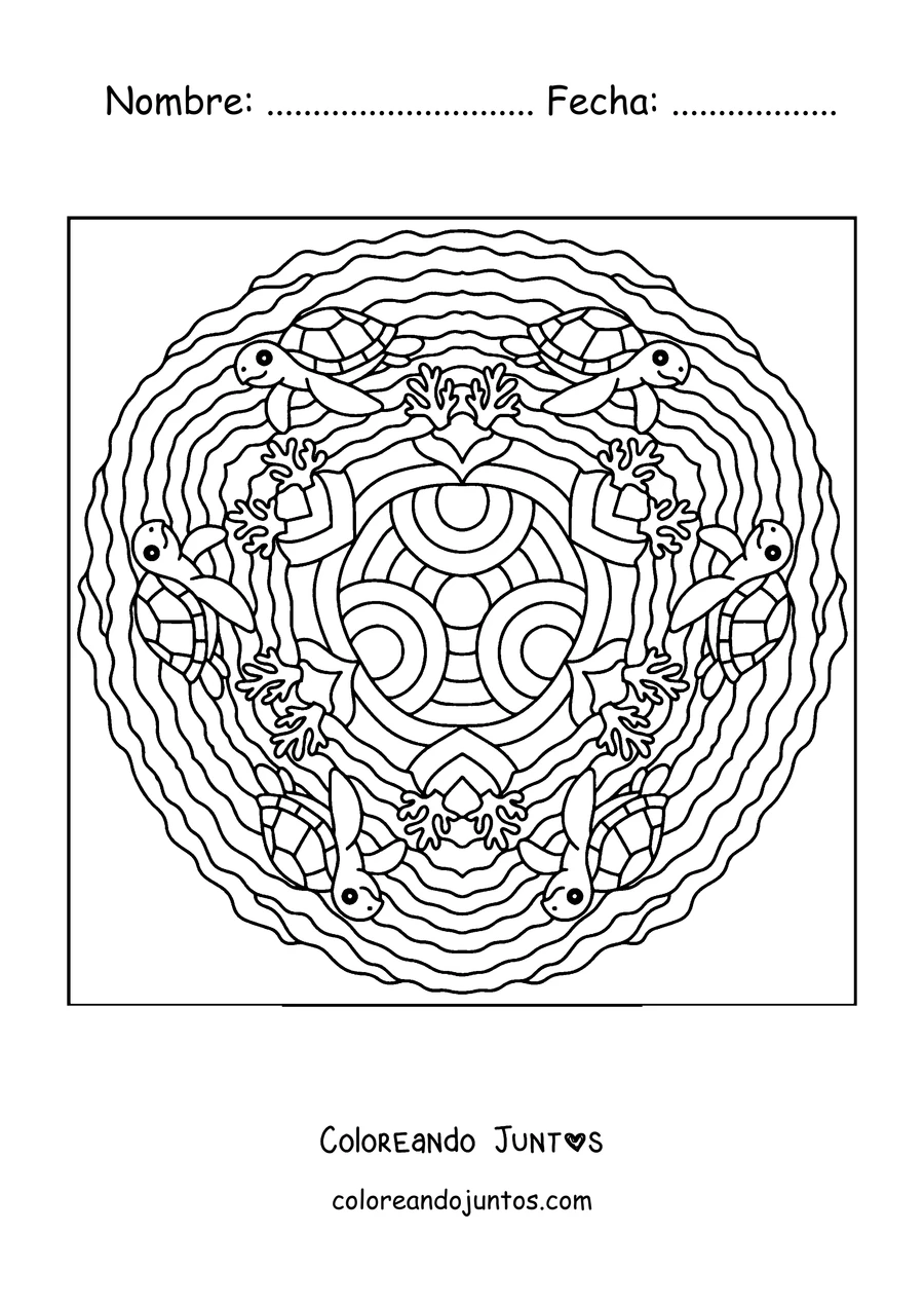 Imagen para colorear de un mandala de verano con tortugas marinas y corales
