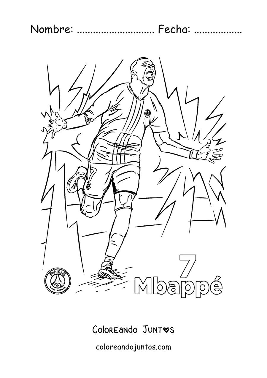 Imagen para colorear de Mbappé celebrando un gol con la camiseta número 7 del PSG