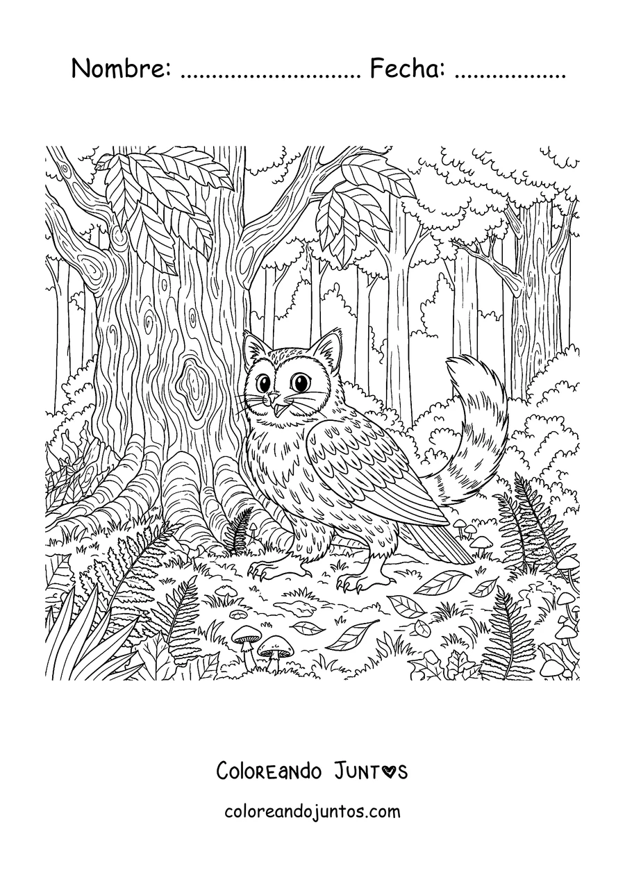 Imagen para colorear de un Meowl en el bosque entre los árboles