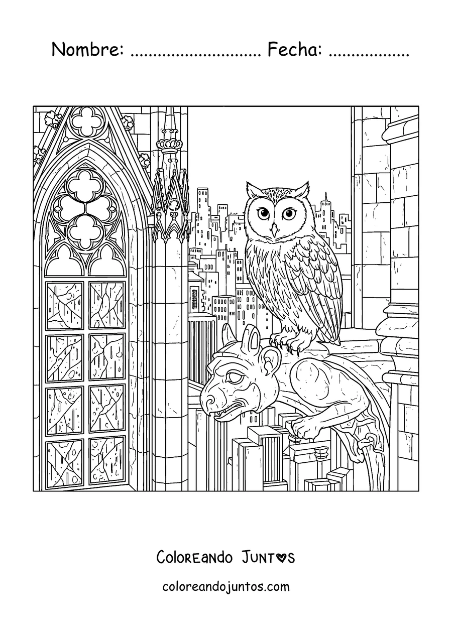 Imagen para colorear de un Meowl junto a un vitral gótico