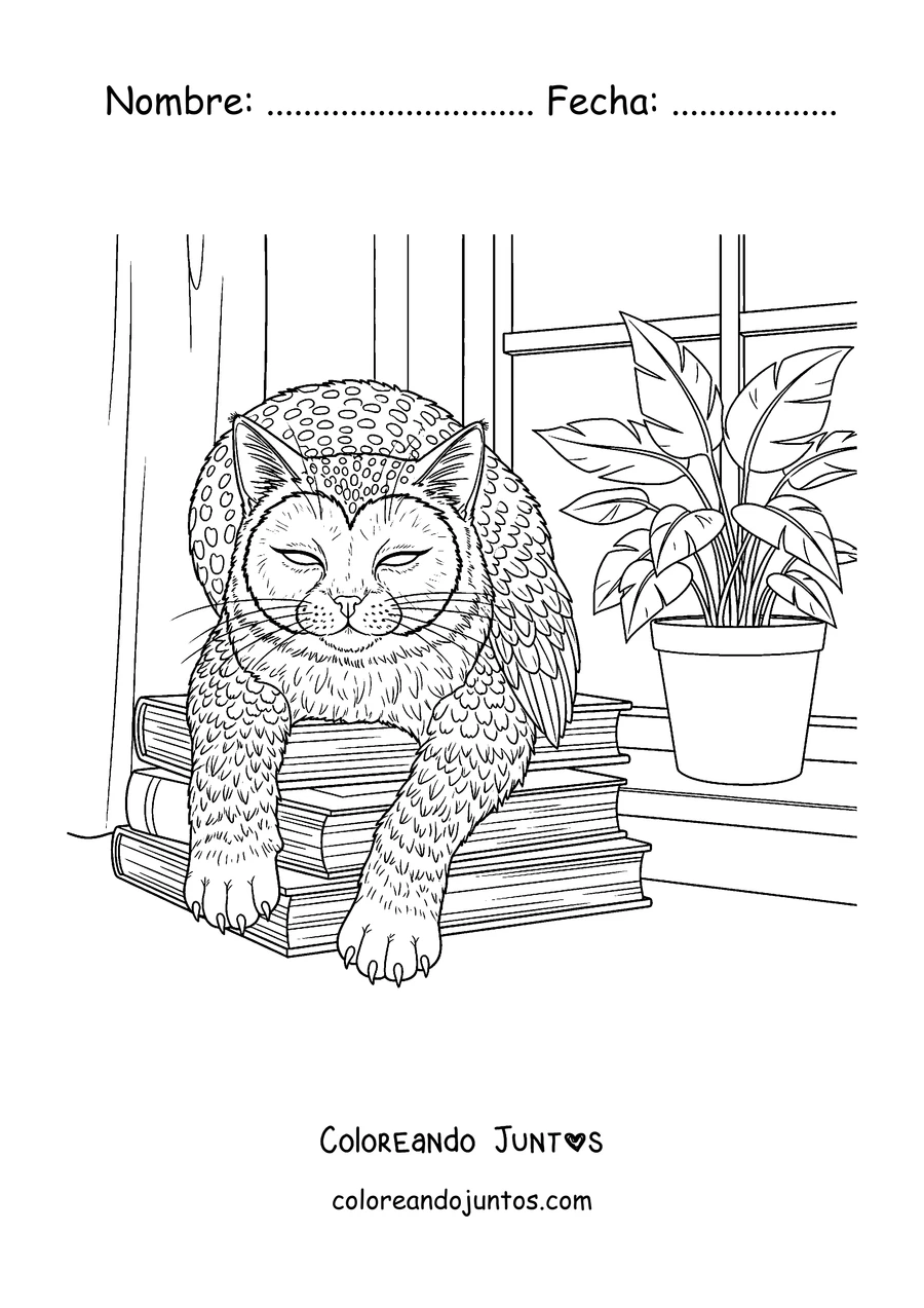 Imagen para colorear de un Meowl descansando sobre una pila de libros