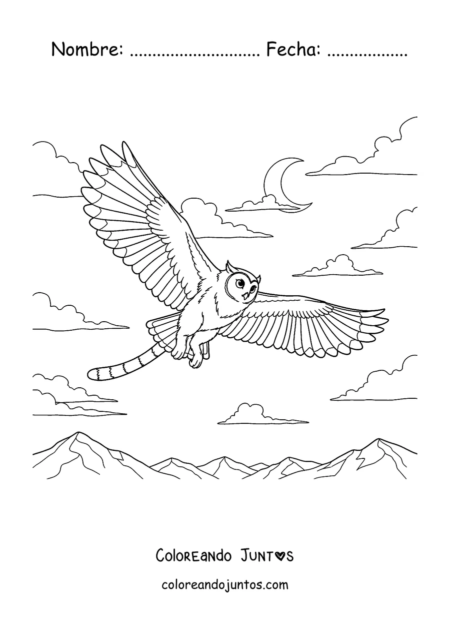 Imagen para colorear de un Meowl volando bajo la luna