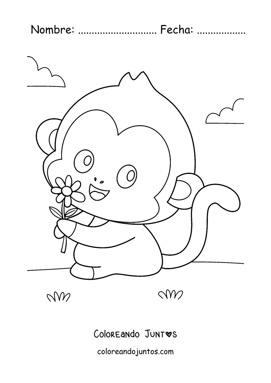 Imagen para colorear de un monito bebé sosteniendo una flor
