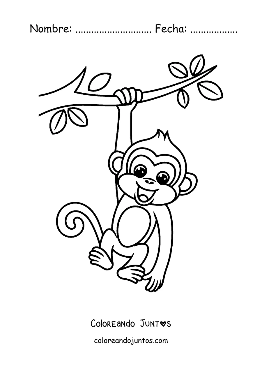Imagen para colorear de un mono colgado de una rama por la cola