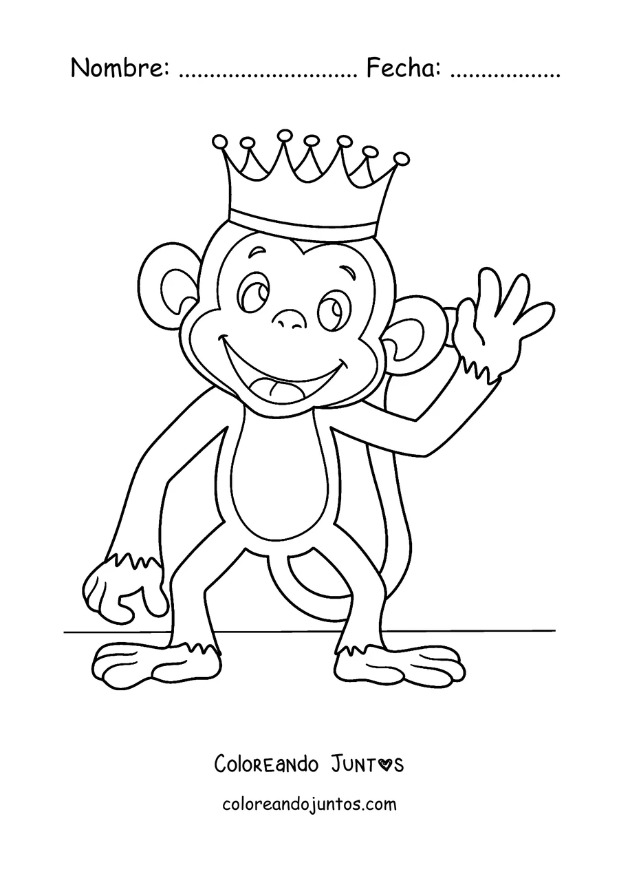 Imagen para colorear de un mono con corona de rey saludando