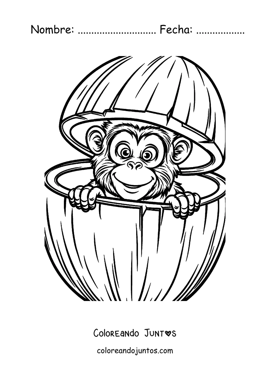 Imagen para colorear de un mono asomándose dentro de un coco