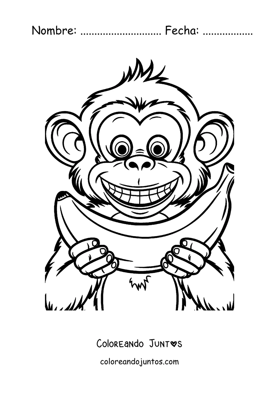 Imagen para colorear de un mono sonriente comiendo una banana