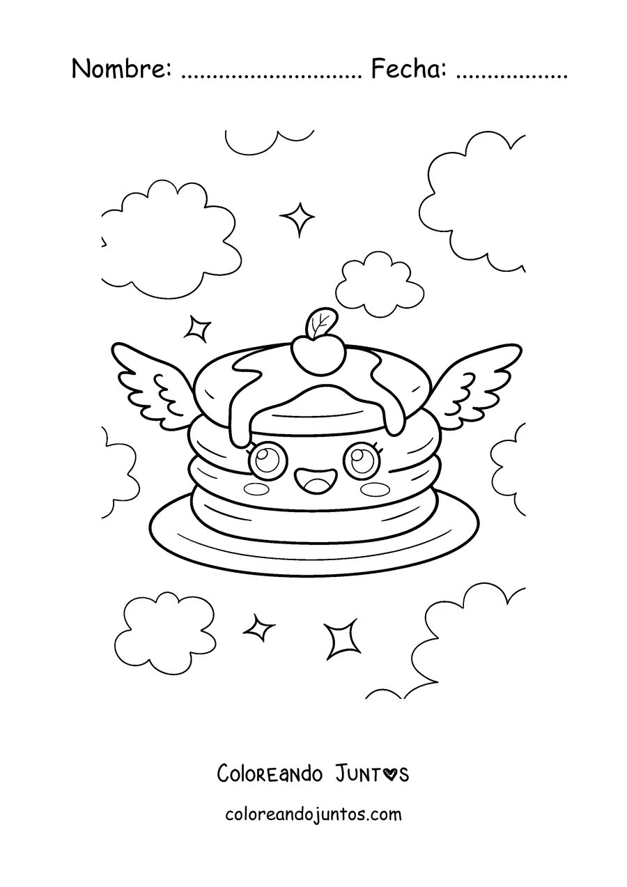 Imagen para colorear de un panqueque con alas volando entre las nubes