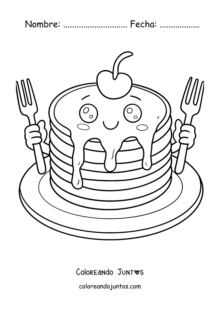 Imagen para colorear de un panqueque sonriente con una cereza arriba