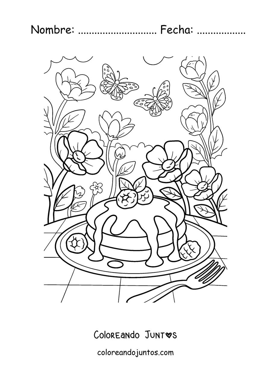 Imagen para colorear de panqueques con frutillas en un jardín con mariposas