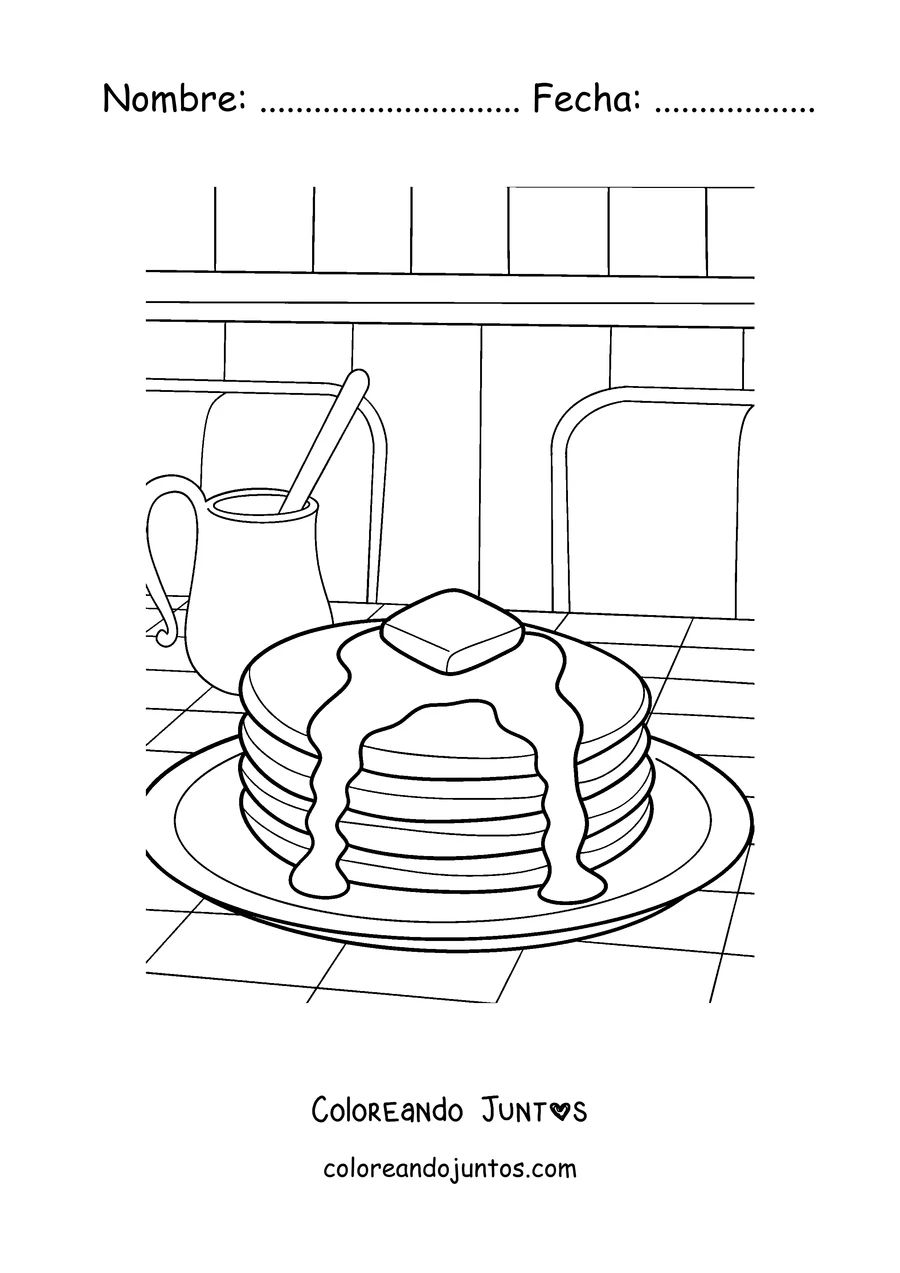 Imagen para colorear de una pila de panqueques con manteca y miel