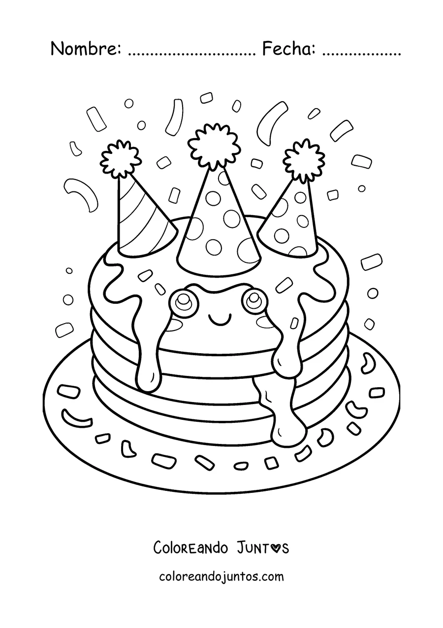 Imagen para colorear de panqueques de cumpleaños con gorritos de fiesta y confeti