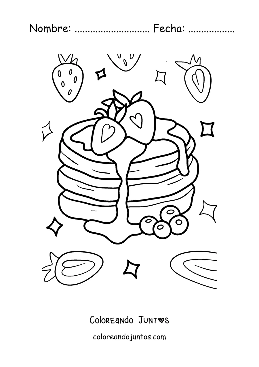 Imagen para colorear de panqueques esponjosos con frutillas y arándanos