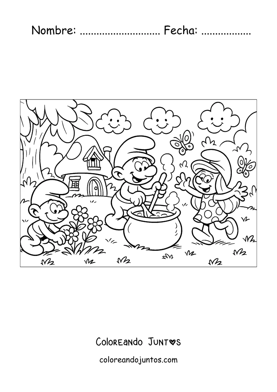 Imagen para colorear de Papá Pitufo preparando una poción en su caldero