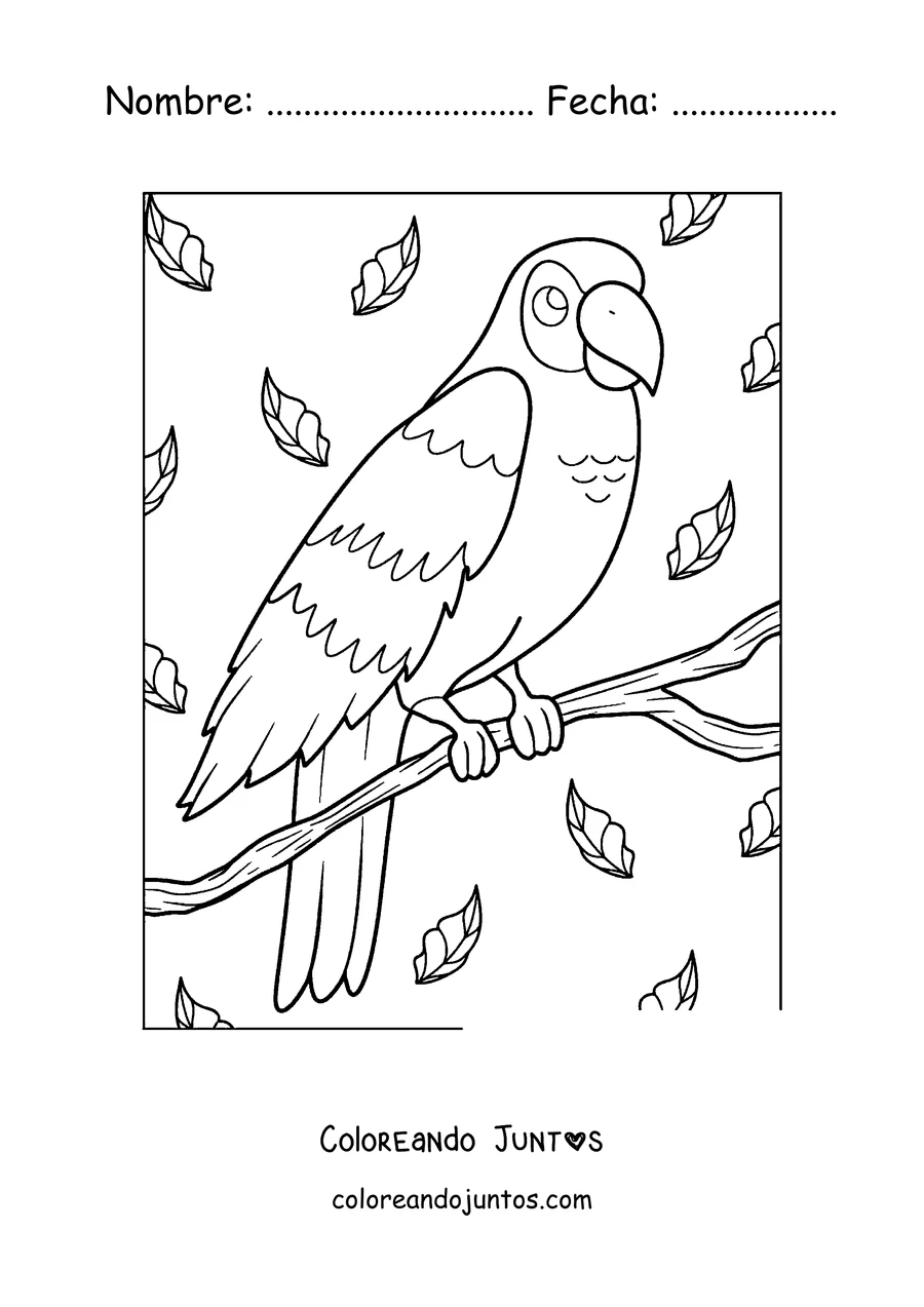 Imagen para colorear de un papagayo posado entre las hojas